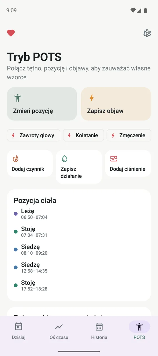 Tryb POTS do zapisywania pozycji i objawów